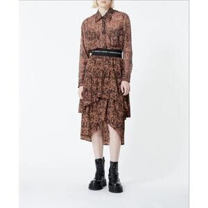 Kooples Sport Long Flowing Tiered Camoflage Printed Midi Skirt - Brown